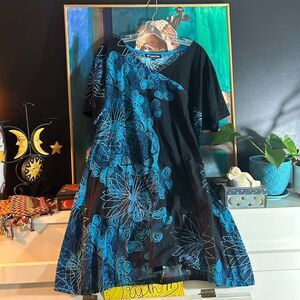 Leopards & Roses Elegant Boho Asymmetrical Black and Blue Dress XL